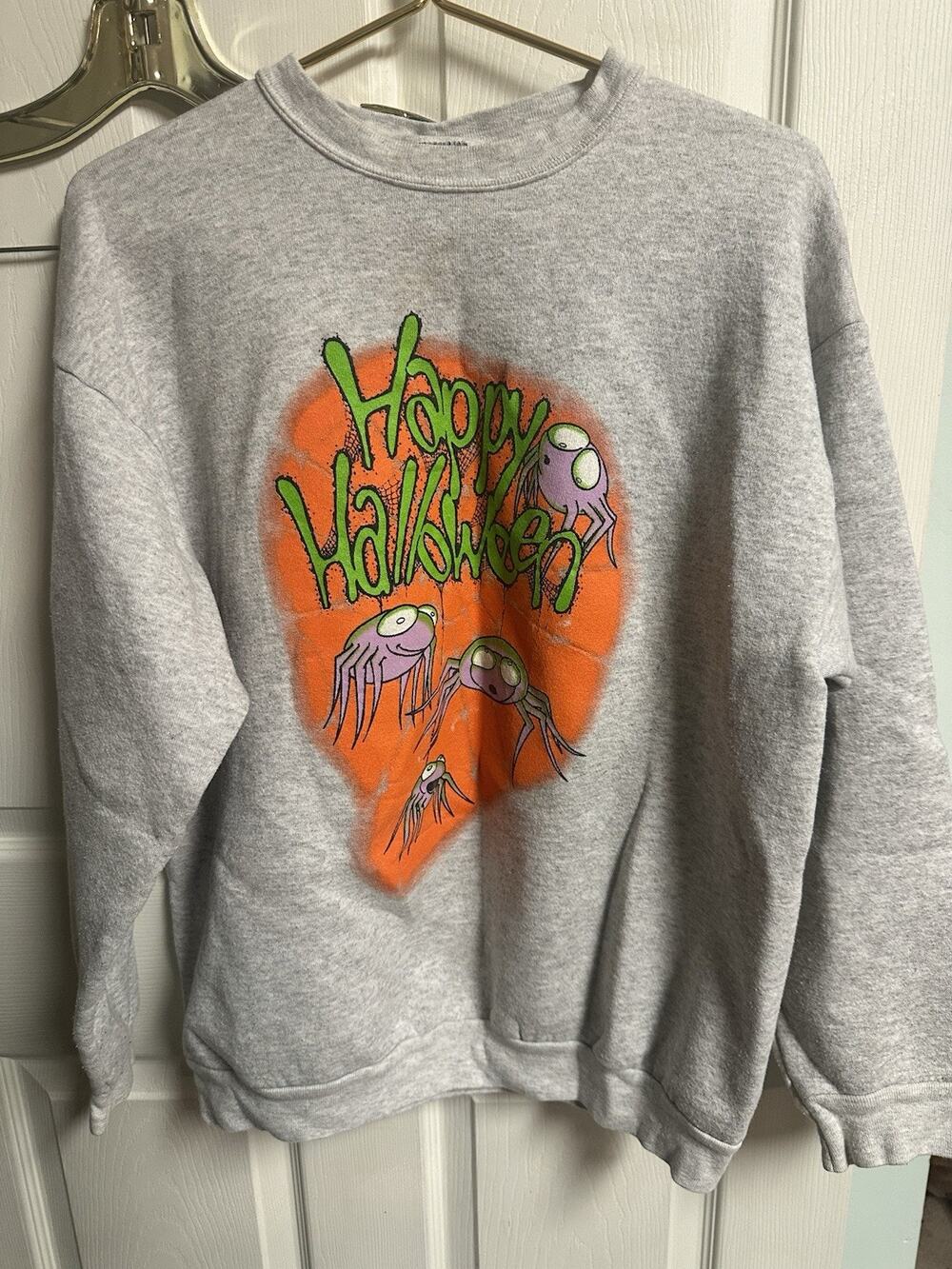 Vintage Happy Halloween 90s Cartoon Spiders Gray Graphic TSI Sweatshirt Large